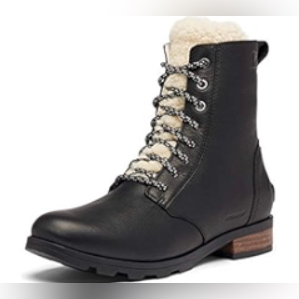 SOREL Emelie Shearling Short Lace-Up Leather Boots Blacken Brown-Sz 8.5
